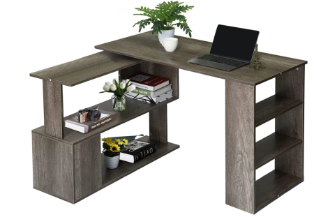 360° Rotating Wood L Shape Desk with Storage Shelves